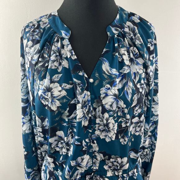 PARKER Blue White Top Floral Puff Sleeve Pleated Drawstring Split Neck Size XS - Picture 3 of 10